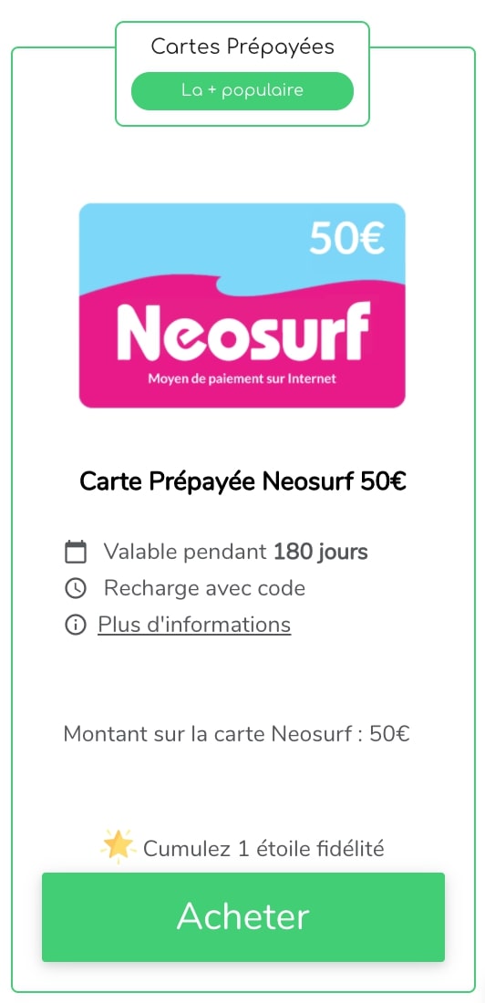 Prix carte Neosurf