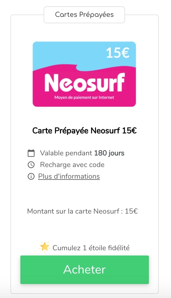 Prix carte Neosurf