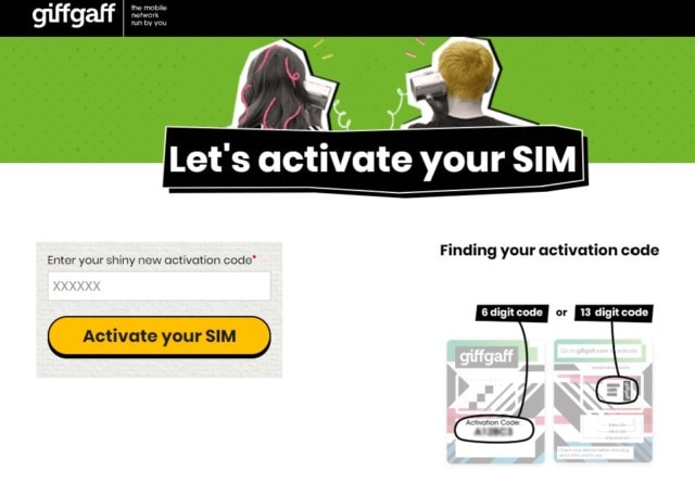 Photo of giffgaff's SIM Card activation screen