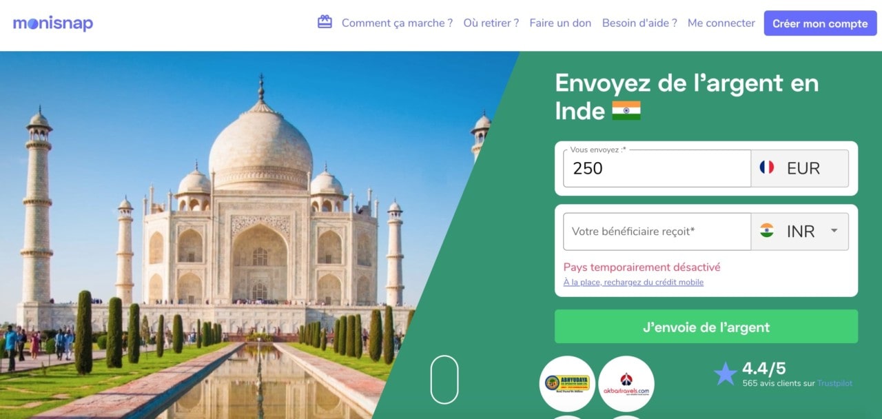 Monisnap : envoyer de l'argent en Inde