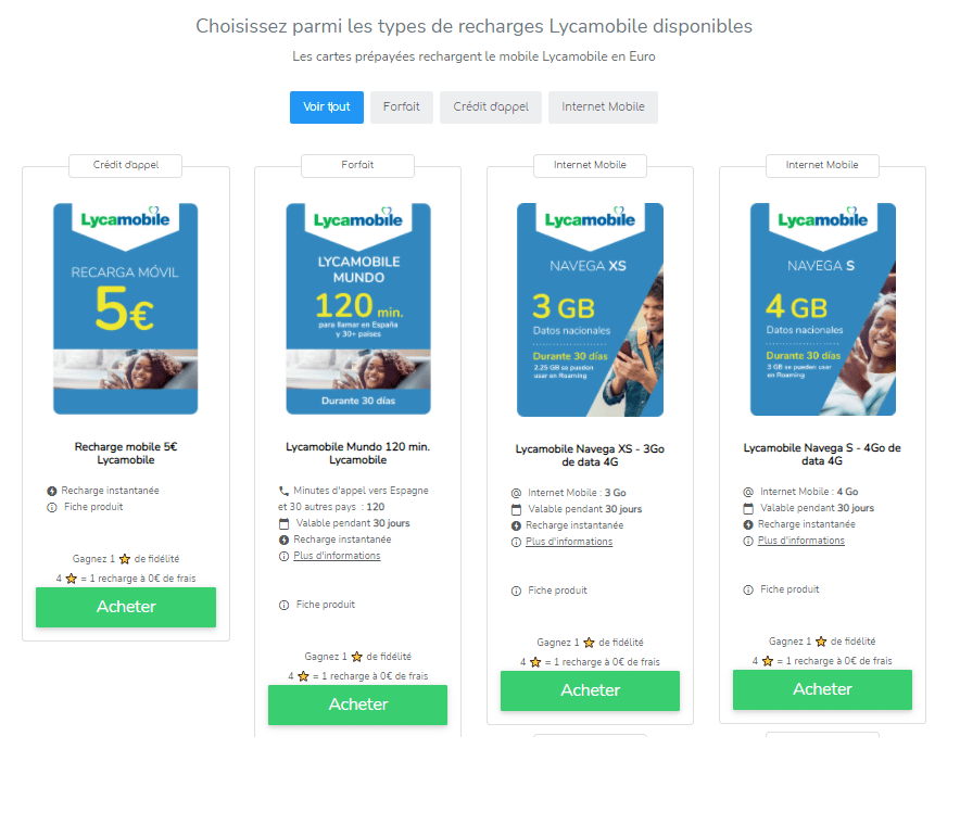 Recarga Lycamobile internet : tarifas