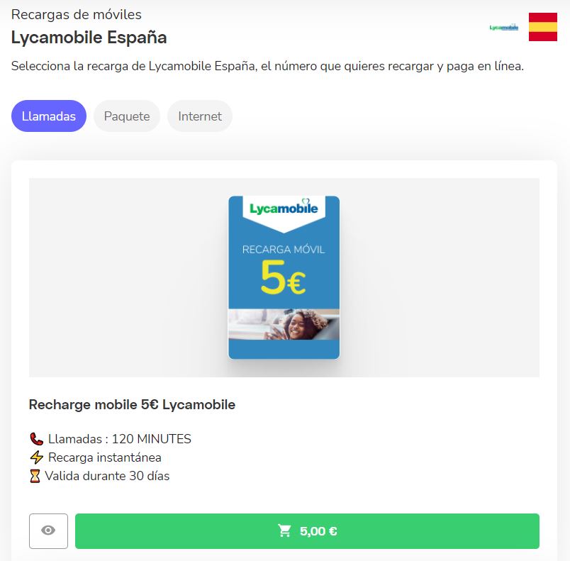Gigas Lycamobile : recargar en linea