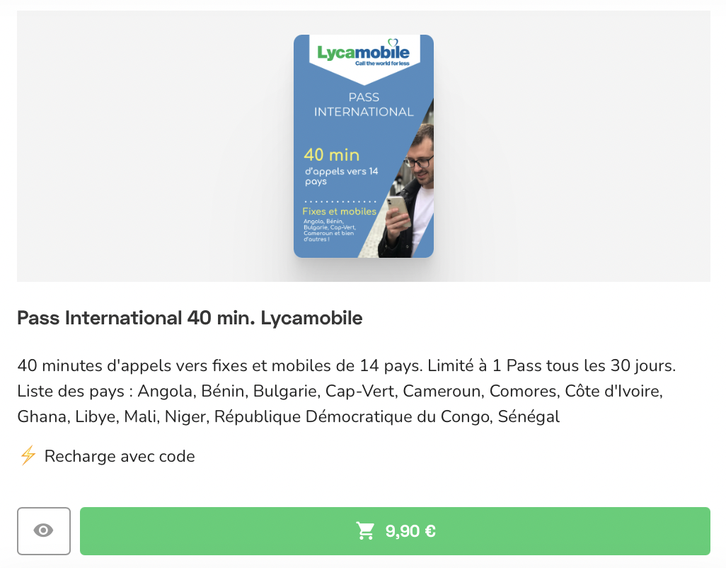 Acheter recharge Lycamobile : international
